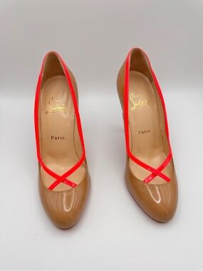 Christian Louboutin Patent Nude Red Trim 100mm Pumps Heels EU 37